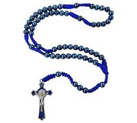 EZVFIRPDFZ Chapelet catholique en hématite bleue de 8 mm pour homme avec médaille de St Benoît Crucifix tressé à la main avec pochette chapelet et carte de prière