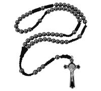 EZVFIRPDFZ Chapelet catholique en hématite noire de 8 mm pour homme - Médaille de Saint Benoît - Chapelet tressé à la main avec pochette chapelet et carte de prière religieuse
