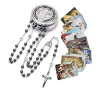 EZVFIRPDFZ Chapelet catholique pour homme et femme, pièce centrale de Saint-Benoît et crucifix, chapelet à cristal noir avec boîte miraculeuse de Saint Benoît et 18 cartes de prière
