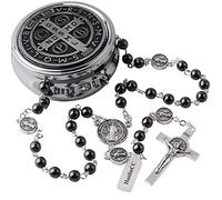EZVFIRPDFZ Chapelet catholique Saint Benoît avec pierre hématite noire de 6 mm pour homme et garçon avec pièce centrale de Saint Benoît et crucifix avec boîte en métal
