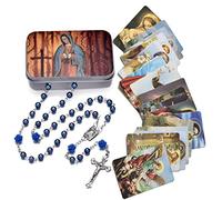 EZVFIRPDFZ Chapelet de perles catholiques avec médaille de terre sacrée crucifix avec boîte en métal et 18 cartes de prière