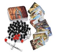 EZVFIRPDFZ Chapelet de perles catholiques avec médaille de terre sacrée crucifix avec boîte en métal et 18 cartes de prière