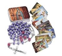 EZVFIRPDFZ Chapelet de perles catholiques avec médaille de terre sacrée crucifix avec boîte en métal et 18 cartes de prière