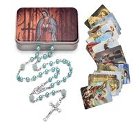 EZVFIRPDFZ Chapelet de perles catholiques avec médaille de terre sacrée crucifix avec boîte en métal et 18 cartes de prière