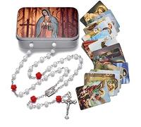EZVFIRPDFZ Chapelet de perles catholiques avec médaille de terre sacrée crucifix avec boîte en métal et 18 cartes de prière