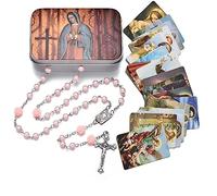 EZVFIRPDFZ Chapelet de perles catholiques avec médaille de terre sacrée crucifix avec boîte en métal et 18 cartes de prière