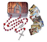 EZVFIRPDFZ Chapelet de perles catholiques avec médaille de terre sacrée crucifix avec boîte en métal et 18 cartes de prière