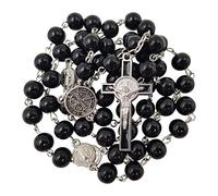 EZVFIRPDFZ Chapelet de perles en verre noir pour homme avec médaille de Saint Benoît et crucifix croix dans une boîte