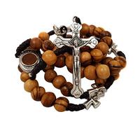 EZVFIRPDFZ Chapelet de prière catholique en bois d'olivier avec centre de table de Jérusalem et pochette en velours bleu