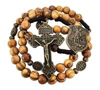 EZVFIRPDFZ Chapelet de prière catholique en bois d'olivier de l'archange Michael - Bronze - Crucifix de la Vierge Marie - Pour homme - Cadeau religieux - Pochette et carte de prière