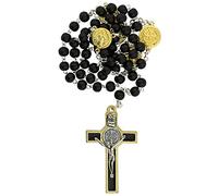 EZVFIRPDFZ Chapelet de Saint Benoît en bois et métal | Perles noires et médailles et crucifix de Saint Ben dorés | Saint patron des étudiants | Excellent catholique pour première communion et