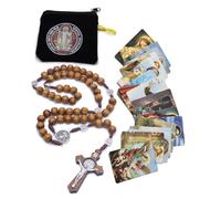 EZVFIRPDFZ Chapelet en bois catholique pour homme, médaille de Saint Benoît et croix - Livré dans une pochette et 18 cartes de prière