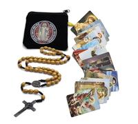 EZVFIRPDFZ Chapelet en bois catholique pour homme, médaille de Saint Benoît et croix - Livré dans une pochette et 18 cartes de prière