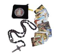 EZVFIRPDFZ Chapelet en bois catholique pour homme, médaille de Saint Benoît et croix - Livré dans une pochette et 18 cartes de prière