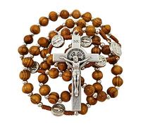 EZVFIRPDFZ Chapelet en bois d'olivier - Collier catholique - Médaille Saint Benoît - Crucifix - Croix de Jérusalem