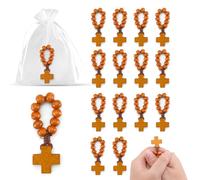 EZVFIRPDFZ Chapelet en bois en vrac - Mini anneau de prière en forme de croix en bois - Cadeau de baptême avec sac en maille blanche pour invités, communion, fête prénuptiale - Bagues catholiques en