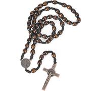 EZVFIRPDFZ Chapelet en bois pour homme avec pendentif en forme de croix catholique et perles ovales marron avec croix en bronze - Médaille traditionnelle de Saint Benoît