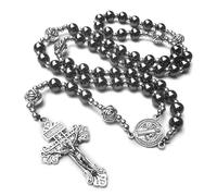 EZVFIRPDFZ Chapelet en hématite catholique pour homme, chapelet pour homme et femme avec médaille. Chapelet en pierre noire avec perles en acier inoxydable et perles métalliques de Saint-Benoît.