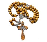 EZVFIRPDFZ Chapelet en perles de bois - Médaille de Saint Benoît et croix catholique - Chapelet de prière religieuse - Fait main - Sac en velours