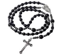 EZVFIRPDFZ Chapelet en perles de verre noir de 6 mm avec hématite de 4 mm - Collier chapelet avec centre miraculeux et crucifix - Pochette cadeau en velours pour homme et femme