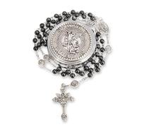 EZVFIRPDFZ Chapelet St Michel - Collier de perles en hématite et perles en métal - Médaille d'archange et croix - Avec boîte cadeau en métal