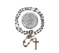EZVFIRPDFZ Chapelet St Michel - Collier de perles en hématite et perles en métal - Médaille d'archange et croix - Avec boîte cadeau en métal