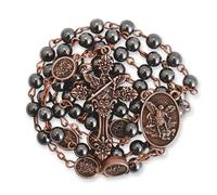 EZVFIRPDFZ Chapelet St Michel - Collier de perles en hématite et perles en métal - Médaille d'archange et croix - Avec boîte cadeau en métal