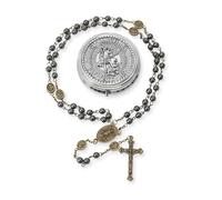EZVFIRPDFZ Chapelet St Michel - Collier de perles en hématite et perles en métal - Médaille d'archange et croix - Avec boîte cadeau en métal