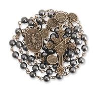 EZVFIRPDFZ Chapelet St Michel - Collier de perles en hématite et perles en métal - Médaille d'archange et croix - Avec boîte cadeau en métal