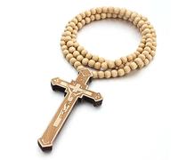 EZVFIRPDFZ Collier avec croix en bois pour homme et femme - Grand pendentif Jésus crucifix en bois naturel naturel - Collier religieux chrétien de prière chrétienne - Bijoux de baptême - Cadeau de