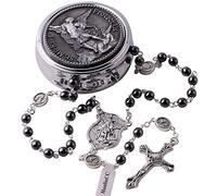 EZVFIRPDFZ Collier chapelet de perles en hématite et pierre noire Saint Michel Archange avec boîte cadeau en métal pour homme