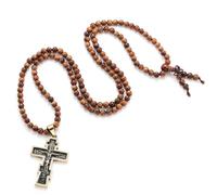 EZVFIRPDFZ Collier chapelet extensible en forme de crucifix avec perles en bois faites à la main en acier inoxydable pour homme et femme