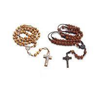 EZVFIRPDFZ Colorful Bling Lot de 2 colliers chapelet en bois naturel avec croix crucifix catholique prière Jésus pour homme et femme