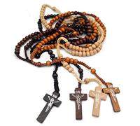 EZVFIRPDFZ Colorful Bling Lot de 2 colliers chapelet en bois naturel avec croix crucifix catholique prière Jésus pour homme et femme