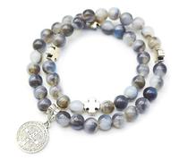 EZVFIRPDFZ Medalla de San Benito, Bracelet St Benito avec perles grises pour femme, médailles de Saint Benoît, chapelet, bénédiction, pulsera catholique, Mujer Protección de Plata Recuerdos de Plata