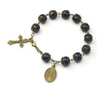 EZVFIRPDFZ San Benito Bracelet médaille et crucifix avec perles noires Chapelet Médaille catholique Saint Benoît Bronze