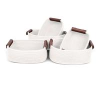Ezvsevuo 5PCS Panier de Rangement Coton avec Poignées en Cuir, Panier Rangement en Corde de Coton Tissé Main, Corbeille Rangement Organisateur pour Armoire, Salle de Bain, Chambre Bébé Enfant, Blanc