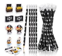 Ezydka Lot de 24 crayons de pirate HB avec gomme, petit cadeau de bienvenue et 8 grandes gommes pour anniversaire d'enfant, rentrée scolaire, Noël ou carnaval