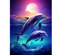 EZYHO Peinture diamant à faire soi-même Dauphin Pleine Lune - Broderie diamant intégrale - Loisirs créatifs - 30 x 40 cm