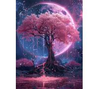 EZYHO Peinture diamant à faire soi-même - Pleine lune, arbre fleuri rose - Loisirs créatifs - Décoration murale - 40 x 50 cm
