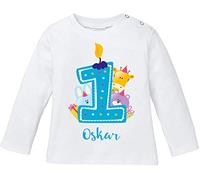 EZYshirt® Cadeau d'anniversaire bébé | 1er anniversaire animaux mignons célèbrent le premier anniversaire Body de fête | T-shirt | Pull en pur coton 100 % bio, blanc - T-shirt à manches longues pour