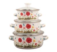 F Fityle en émail avec couvercle, 3 pièces, ustensiles de cuisine à double poignée, design vintage, s à soupe, s de cuisson pour cuisine, Fleur Rouge