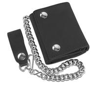 F&L CLASSIC Portefeuille à Trois Volets en Cuir de Vache avec chaîne en Acier et Blocage RFID, fabriqué aux États-Unis, Noir uni, Solide