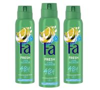 Fa Lot de 3 déodorants en spray Caribbean Wave (3 x 150 ml) au parfum exotique frais du citron, déodorant sans aluminium pour jusqu'à 48 h de protection, ne laisse aucun résidu de déodorant sur les