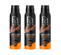 Fa Men Déodorant & Body Spray Dark Passion (3 x 150 ml), déodorant en spray au parfum sensuel et frais, sans aluminium pour jusqu'à 48 h de protection, ne laisse aucun résidu de déodorant