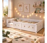 FAAMEPBO Lit Montessori pour enfants, 140 x 200 cm, lit pour enfants au sol en bois massif de pin avec bords anti-chute et sommier à lattes, lit Montessori blanc avec étoiles et lune
