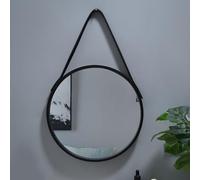 FAANAS Miroir Mural avec Cadre en Bois, Miroir Mural Rond avec Courroie en Cuir pour la décoration de la Salle de Bains, de la Chambre et du Salon, Black