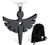 FABACH Porte-clés ange gardien avec cœur. Pendentif en forme d'ange en métal noir. Cadeau porte-bonheur pour la voiture, pour permis de conduire. Attention sur la route., 1 x noir (mat)