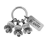 FABACH Porte-clés ange gardien Happy Trio avec gravure - Cadeau ange porte-bonheur motivation - Don't worry be happy, Argent antique, Taille unique, Classique