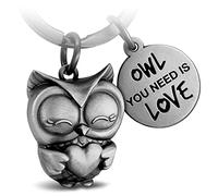 FABACH Porte-clés hibou avec cœur et gravure - Joli porte-clés chouette - Amitié et amour porte-bonheur en métal pour femme - Motif chouette You Need is Love, Argent antique, Taille unique,